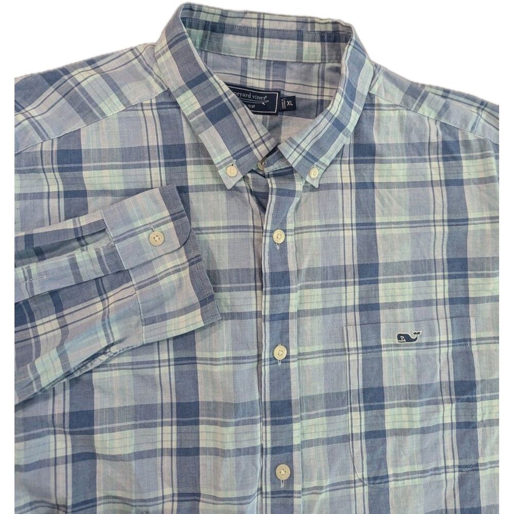 Vineyard Vines Shirt Mens X-Large Blue Madras‎ Plaid Whale Logo Cotton Read